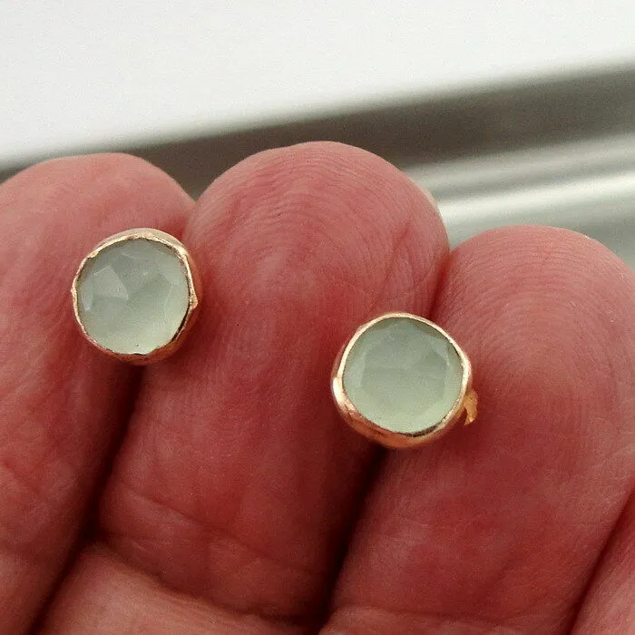 Stud Earrings 14k Yellow Gold Fil 7mm Aqua Quartz Handmade by Hadar Designers
