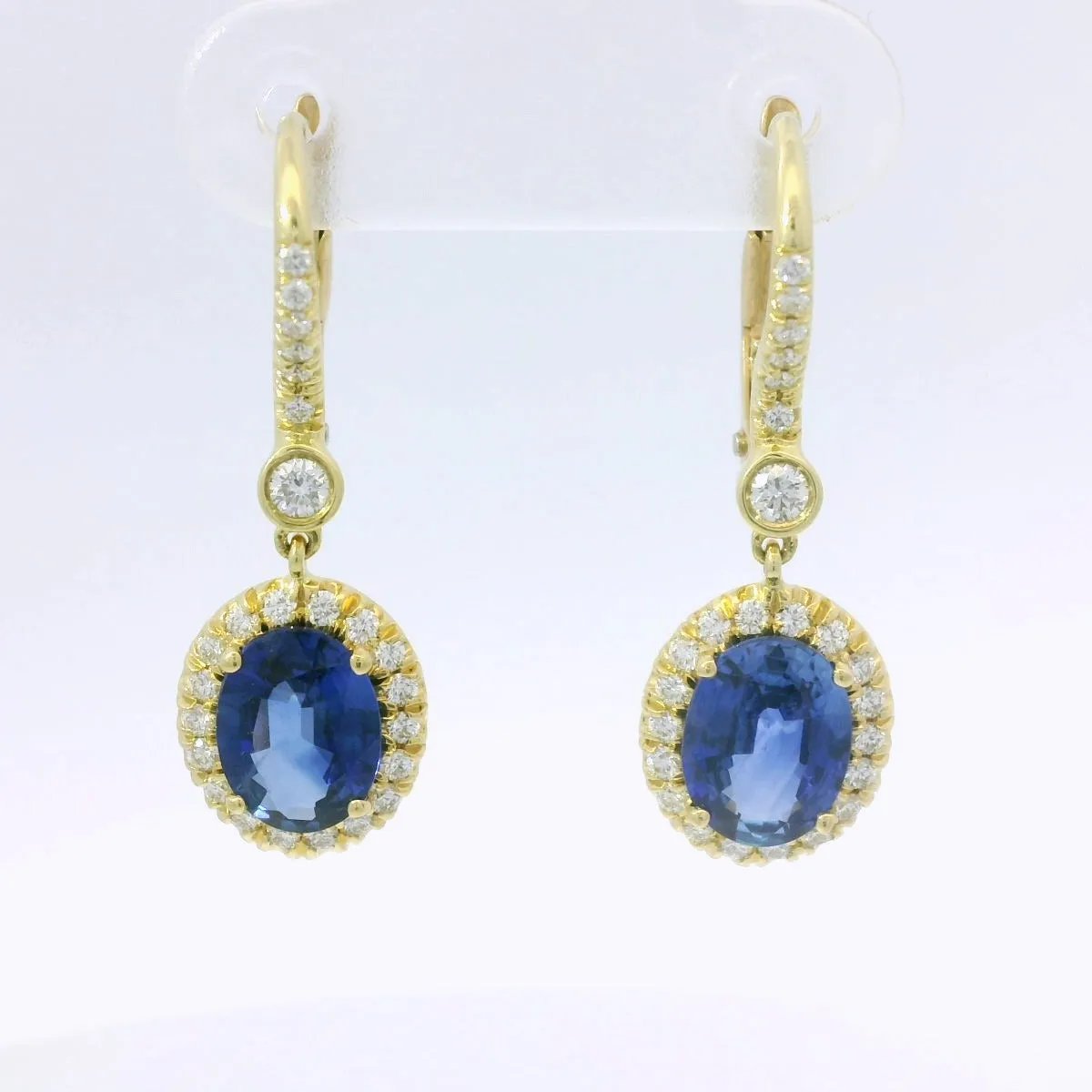 Suna Bros 18k Yellow Gold Pair of Blue Sapphire and Diamond Halo Dangle Earrings
