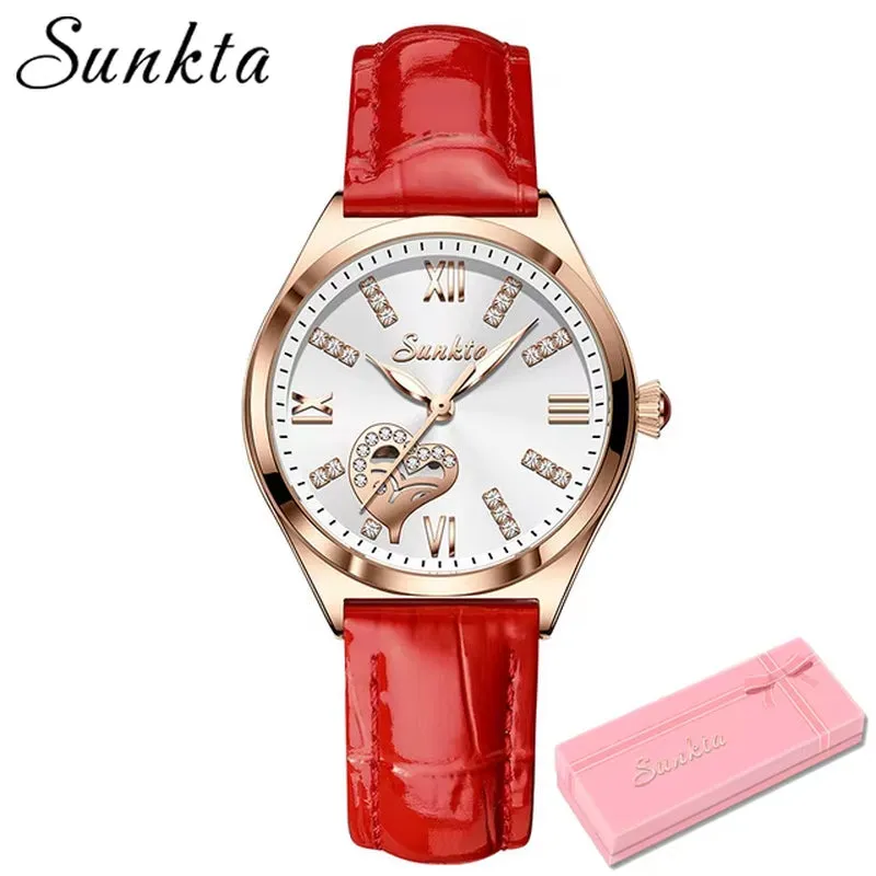 SUNKTA New Rose Gold Wine Red Luxury Quartz Women Watch Waterproof Leather Watches Ladies Watches Clock Relogio Feminino Box