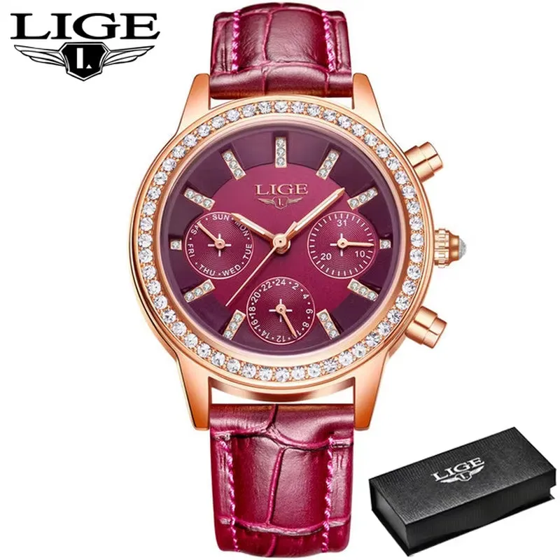 SUNKTA New Rose Gold Wine Red Luxury Quartz Women Watch Waterproof Leather Watches Ladies Watches Clock Relogio Feminino Box
