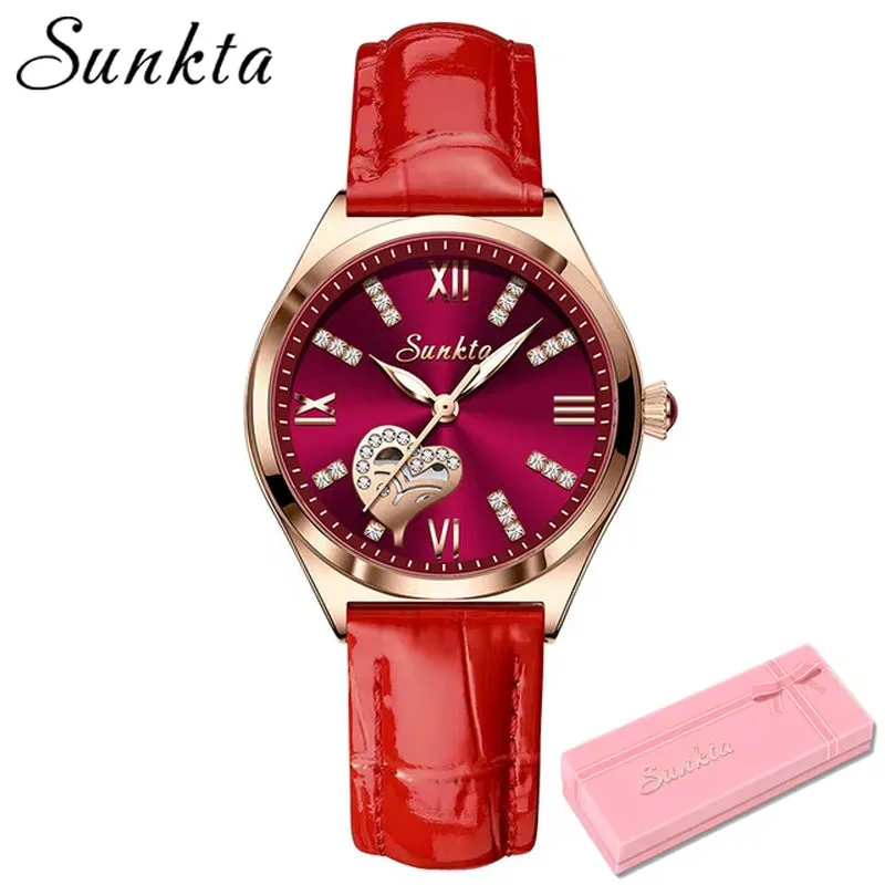 SUNKTA New Rose Gold Wine Red Luxury Quartz Women Watch Waterproof Leather Watches Ladies Watches Clock Relogio Feminino Box