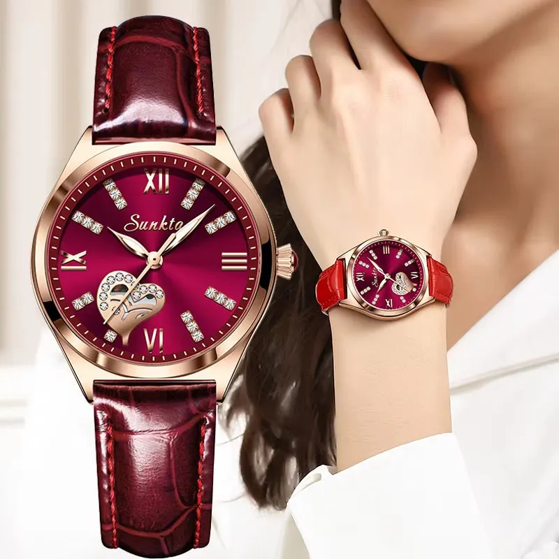 SUNKTA New Rose Gold Wine Red Luxury Quartz Women Watch Waterproof Leather Watches Ladies Watches Clock Relogio Feminino Box