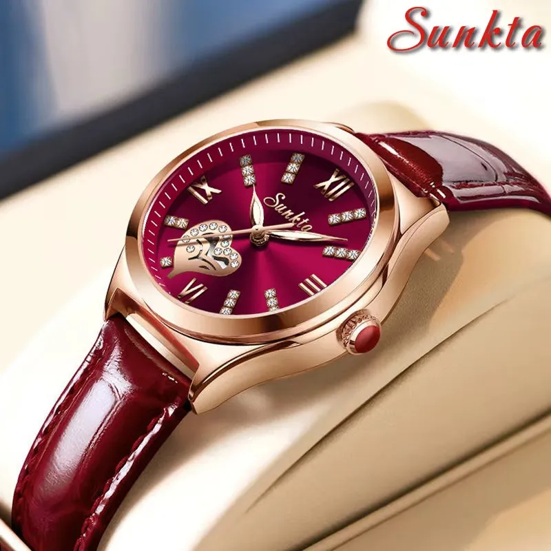 SUNKTA New Rose Gold Wine Red Luxury Quartz Women Watch Waterproof Leather Watches Ladies Watches Clock Relogio Feminino Box