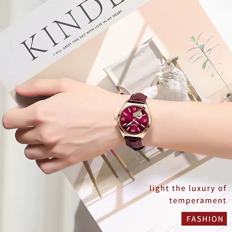 SUNKTA New Rose Gold Wine Red Luxury Quartz Women Watch Waterproof Leather Watches Ladies Watches Clock Relogio Feminino Box