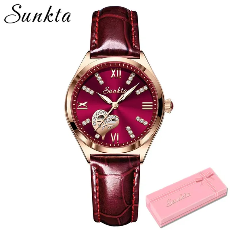 SUNKTA New Rose Gold Wine Red Luxury Quartz Women Watch Waterproof Leather Watches Ladies Watches Clock Relogio Feminino Box