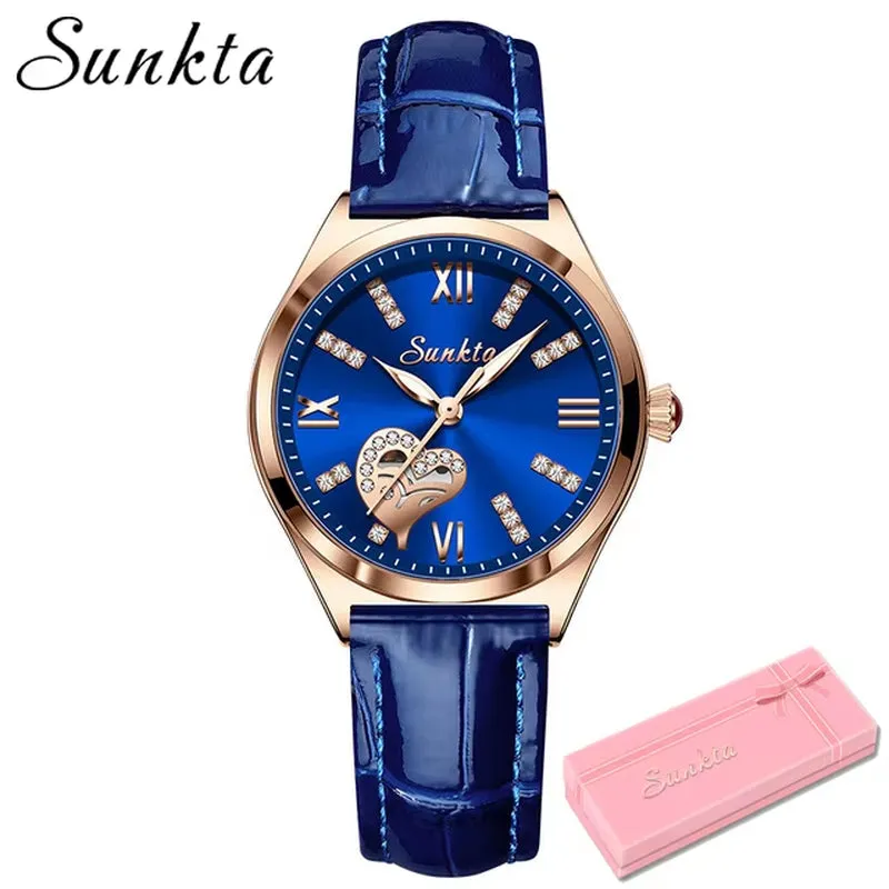 SUNKTA New Rose Gold Wine Red Luxury Quartz Women Watch Waterproof Leather Watches Ladies Watches Clock Relogio Feminino Box