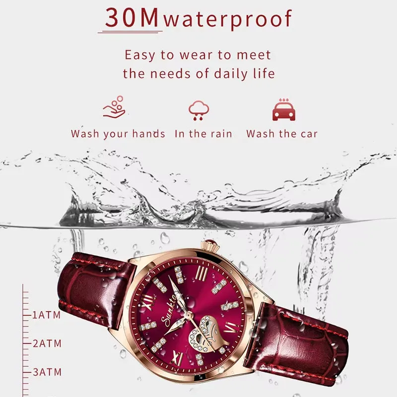 SUNKTA New Rose Gold Wine Red Luxury Quartz Women Watch Waterproof Leather Watches Ladies Watches Clock Relogio Feminino Box