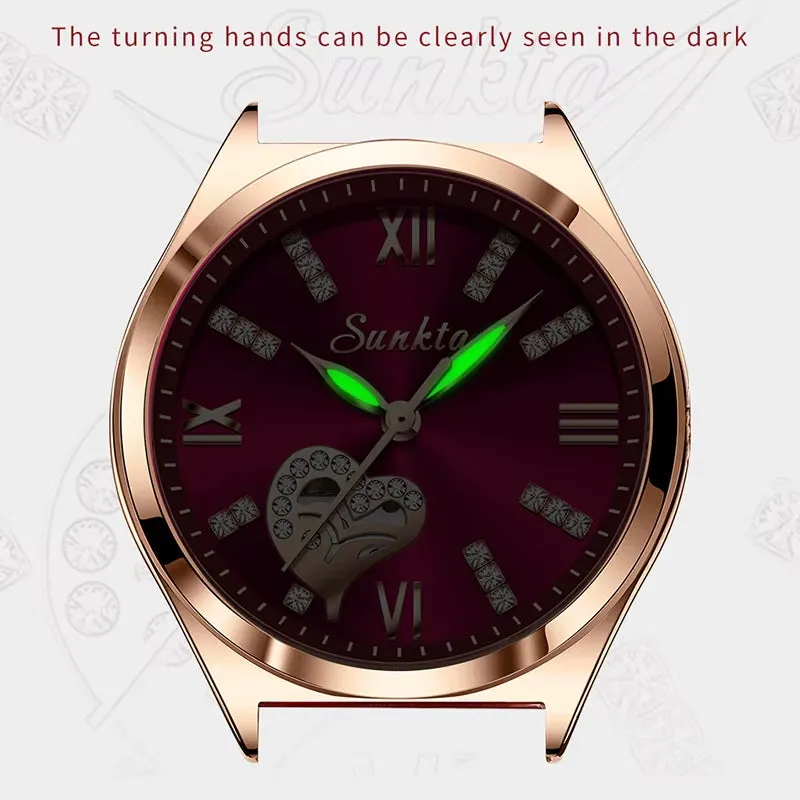 SUNKTA New Rose Gold Wine Red Luxury Quartz Women Watch Waterproof Leather Watches Ladies Watches Clock Relogio Feminino Box