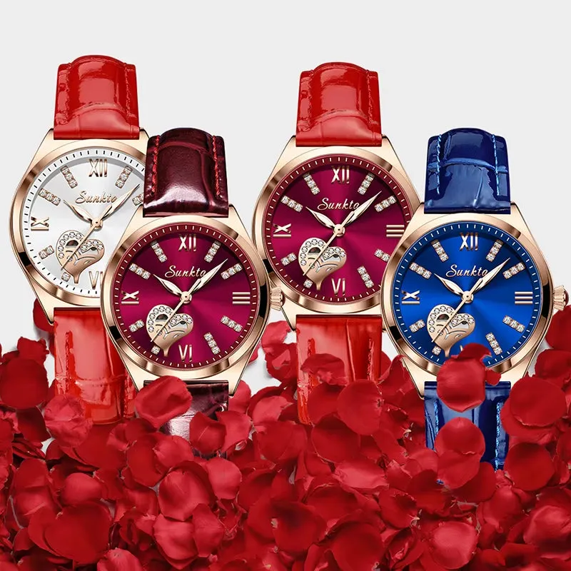 SUNKTA New Rose Gold Wine Red Luxury Quartz Women Watch Waterproof Leather Watches Ladies Watches Clock Relogio Feminino Box