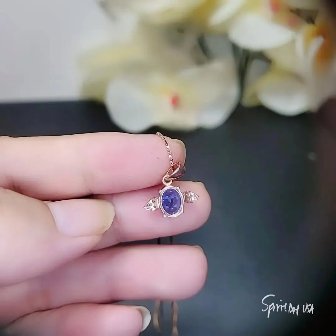 Super Tiny Blue Sapphire Necklace Rose Gold Penguin Pendant Angel Wing Jewelry