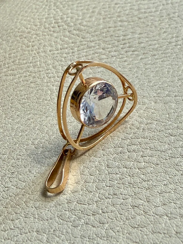 Swedish Vintage Rounded Triangle Pendant in 18k gold with Large Faceted Crystal Quartz Stone - Signed