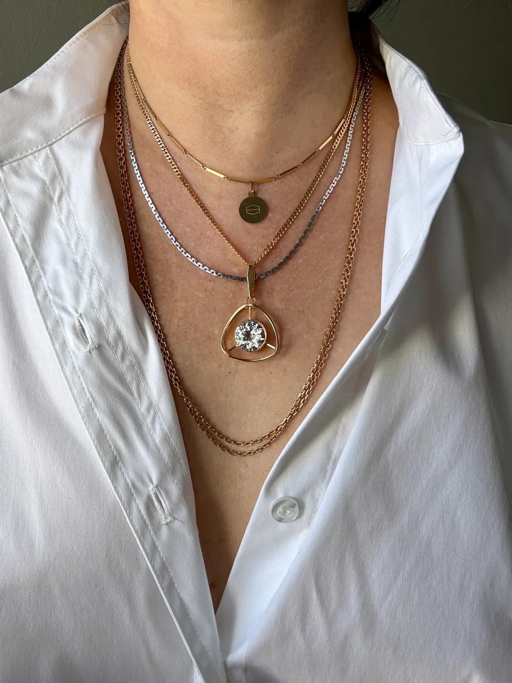 Swedish Vintage Rounded Triangle Pendant in 18k gold with Large Faceted Crystal Quartz Stone - Signed