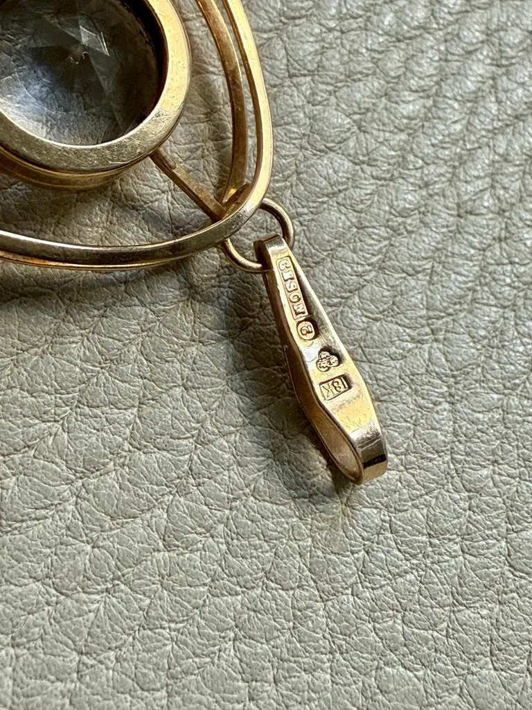 Swedish Vintage Rounded Triangle Pendant in 18k gold with Large Faceted Crystal Quartz Stone - Signed