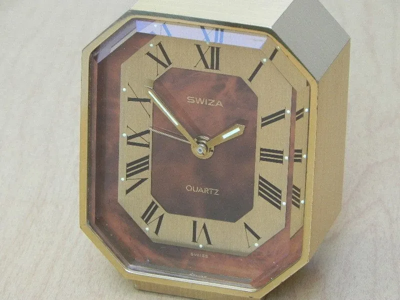 Swiza Small Quartz Brass Desk Clock with Brown Face