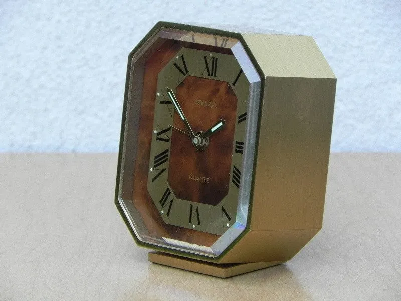 Swiza Small Quartz Brass Desk Clock with Brown Face