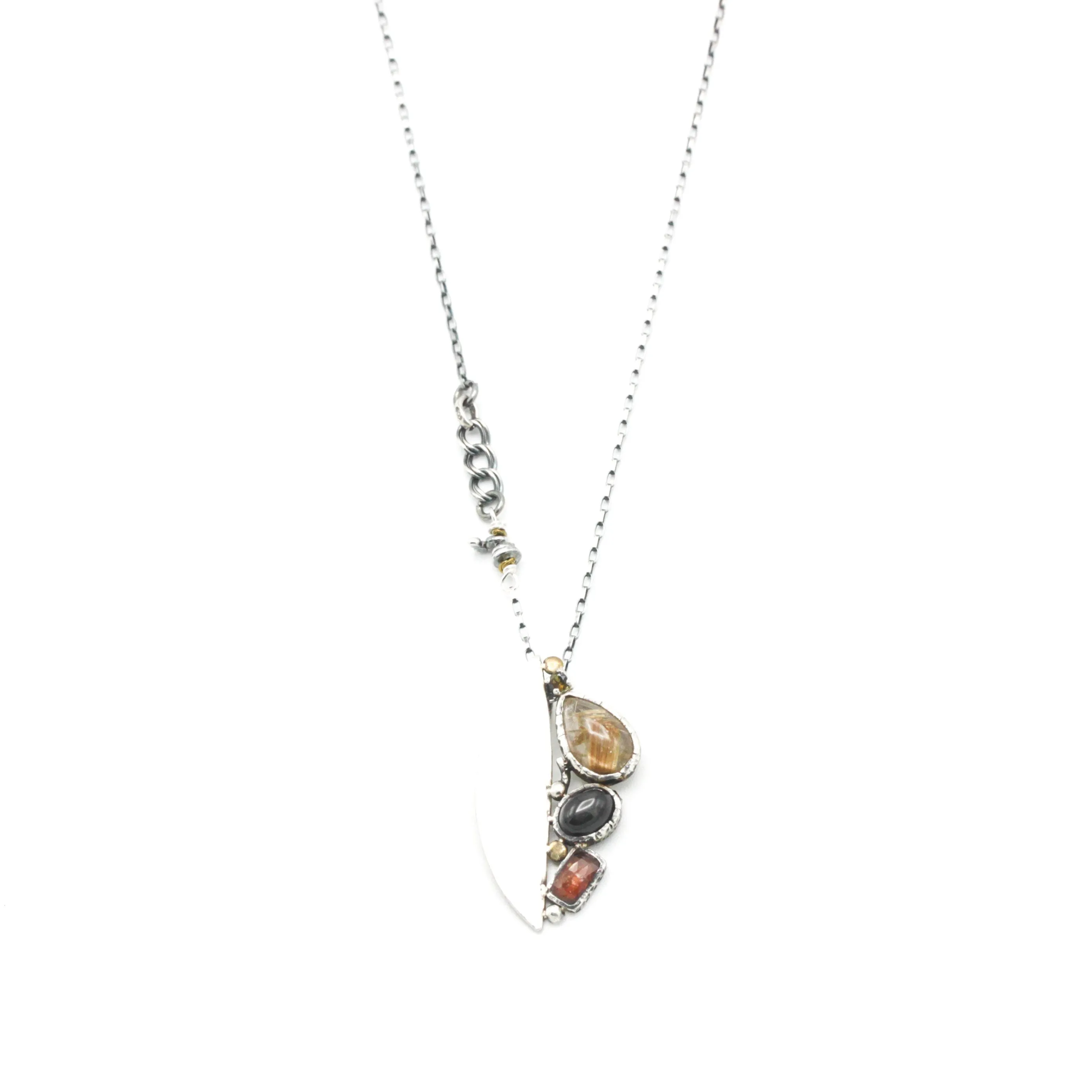 Teardrop Rutilated quartz pendant necklace, orange kyanite and black star diposide with silver semi-oval on sterling silver chain