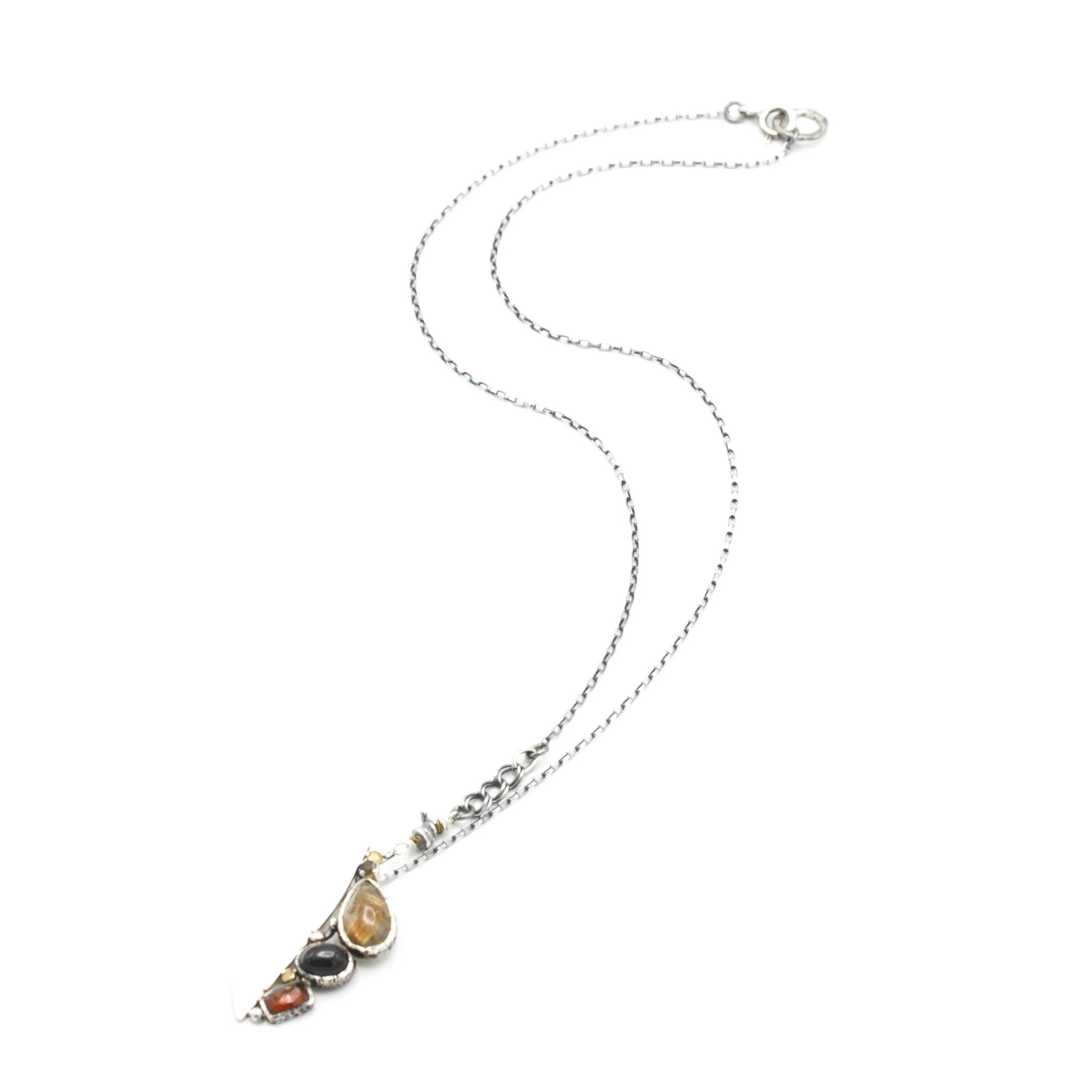 Teardrop Rutilated quartz pendant necklace, orange kyanite and black star diposide with silver semi-oval on sterling silver chain
