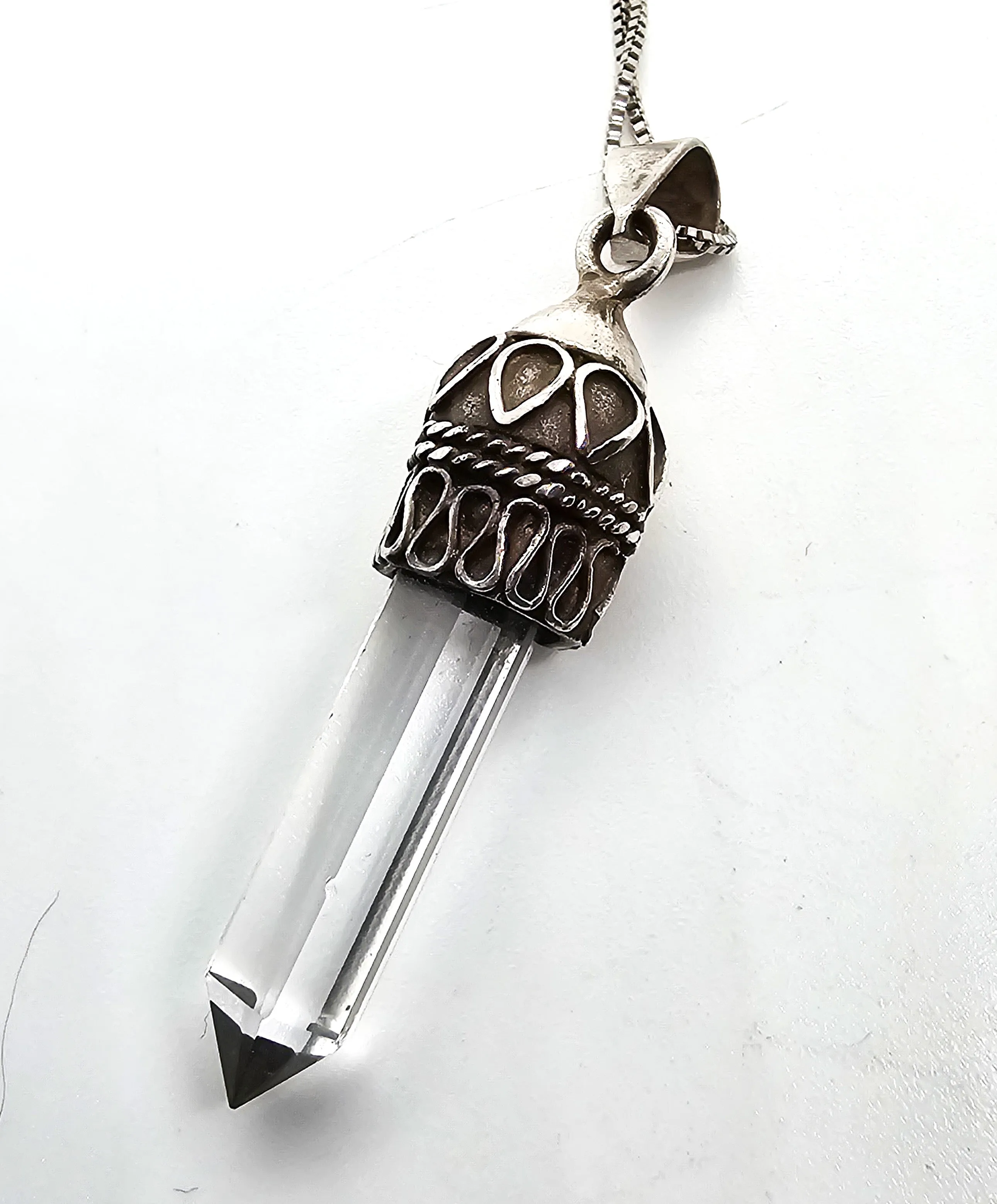 Terminated clear quartz JC Balinese Bali style sterling silver vintage pendant necklace