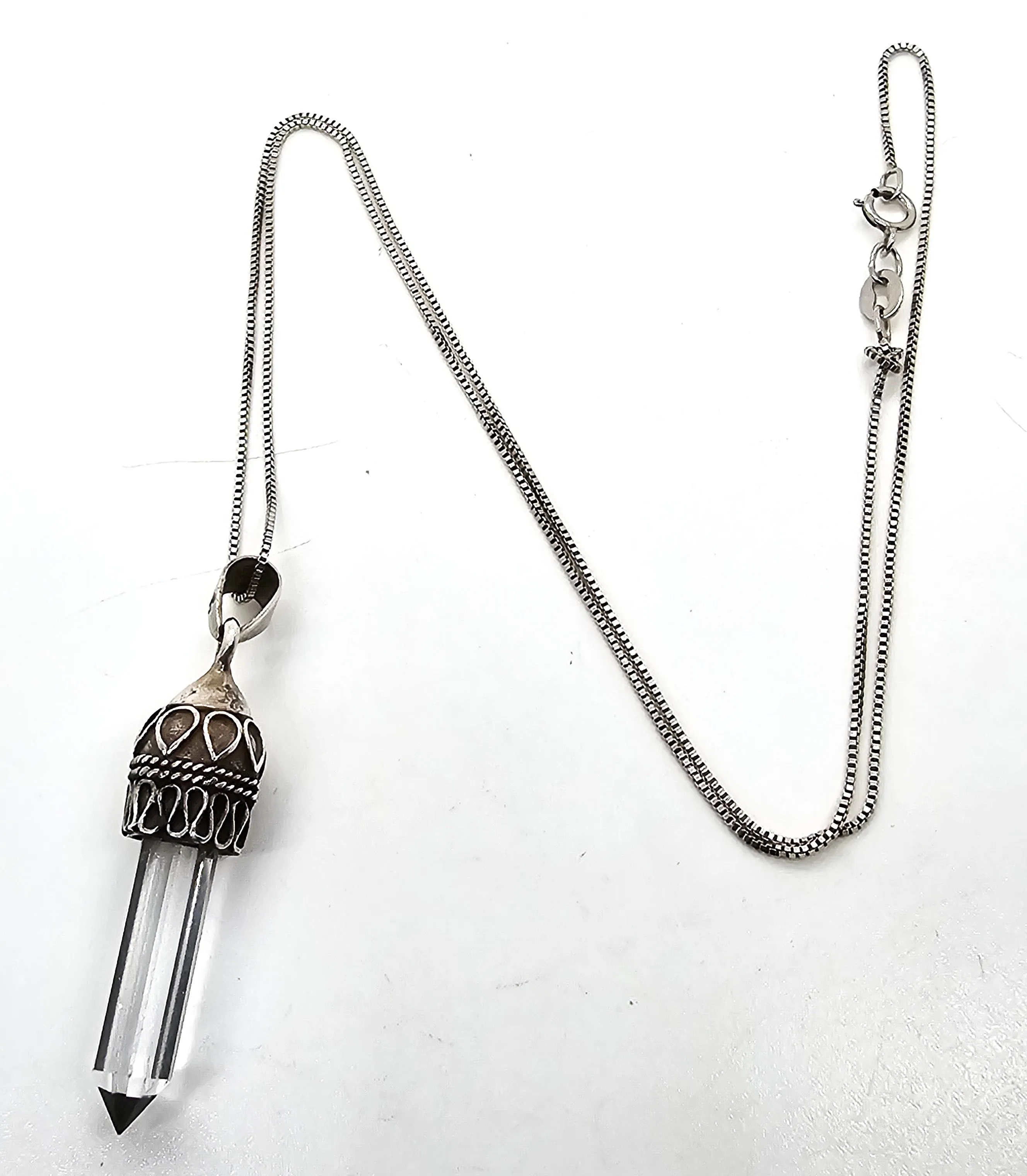 Terminated clear quartz JC Balinese Bali style sterling silver vintage pendant necklace