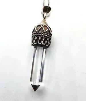 Terminated clear quartz JC Balinese Bali style sterling silver vintage pendant necklace