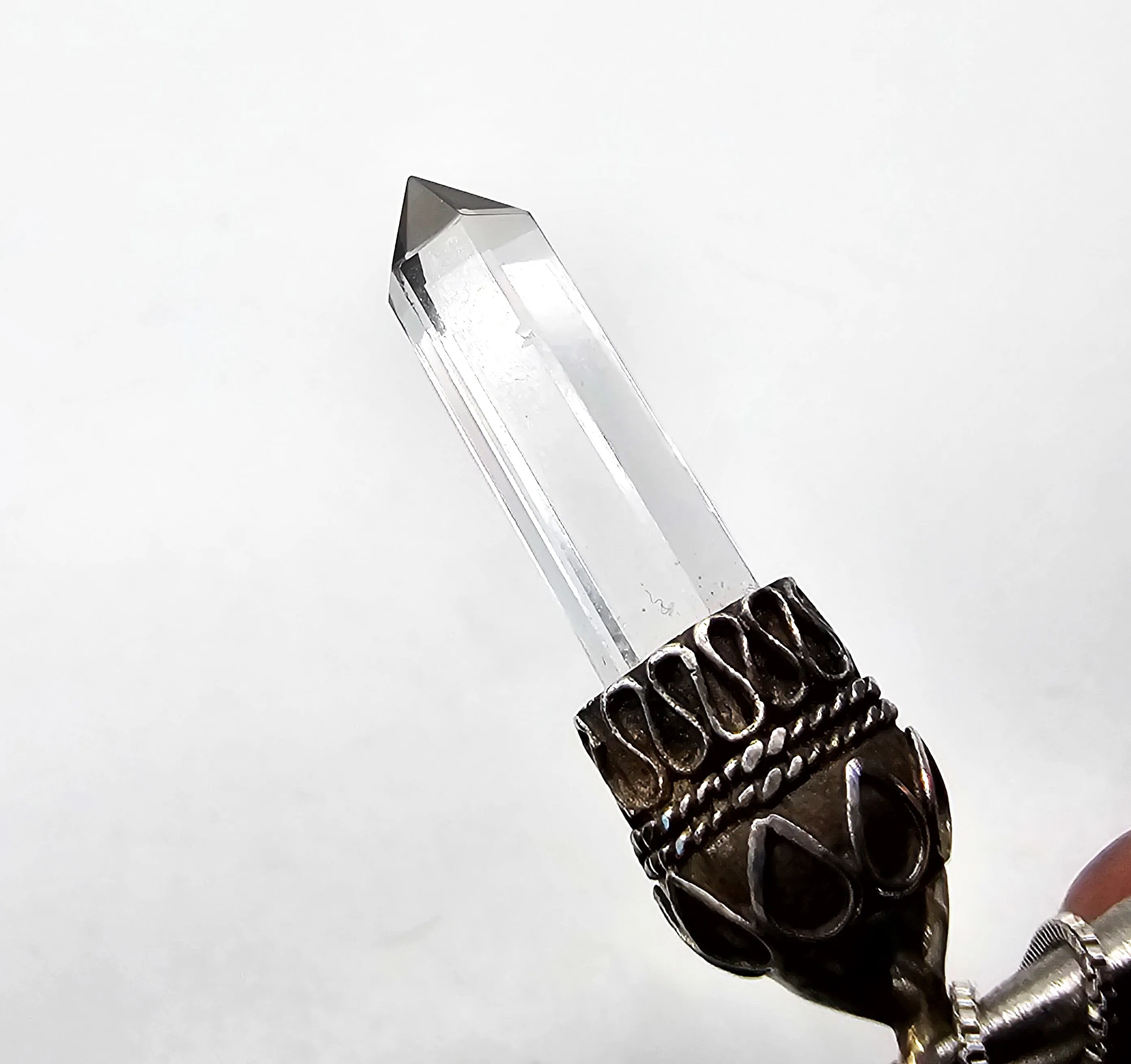 Terminated clear quartz JC Balinese Bali style sterling silver vintage pendant necklace