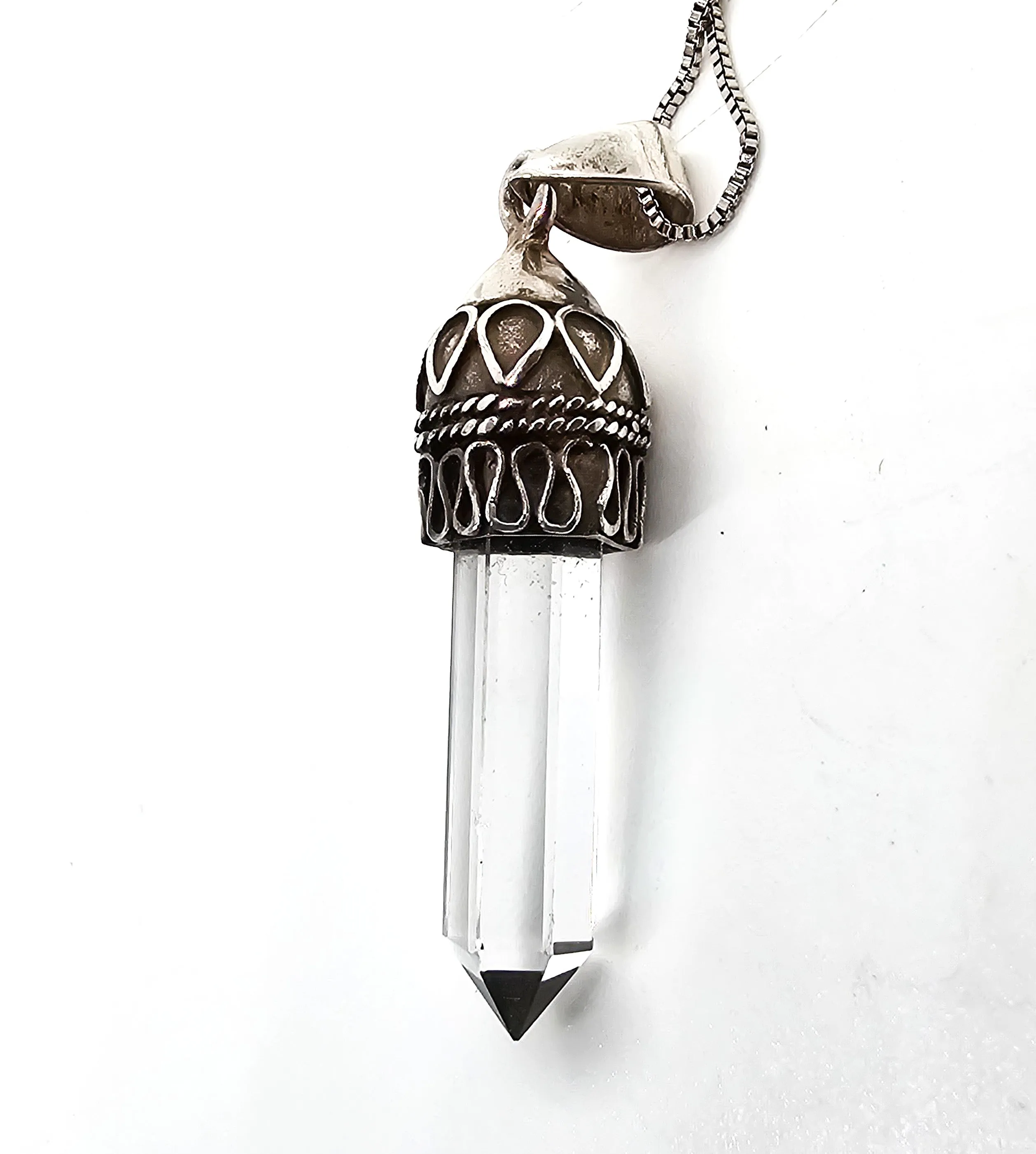 Terminated clear quartz JC Balinese Bali style sterling silver vintage pendant necklace