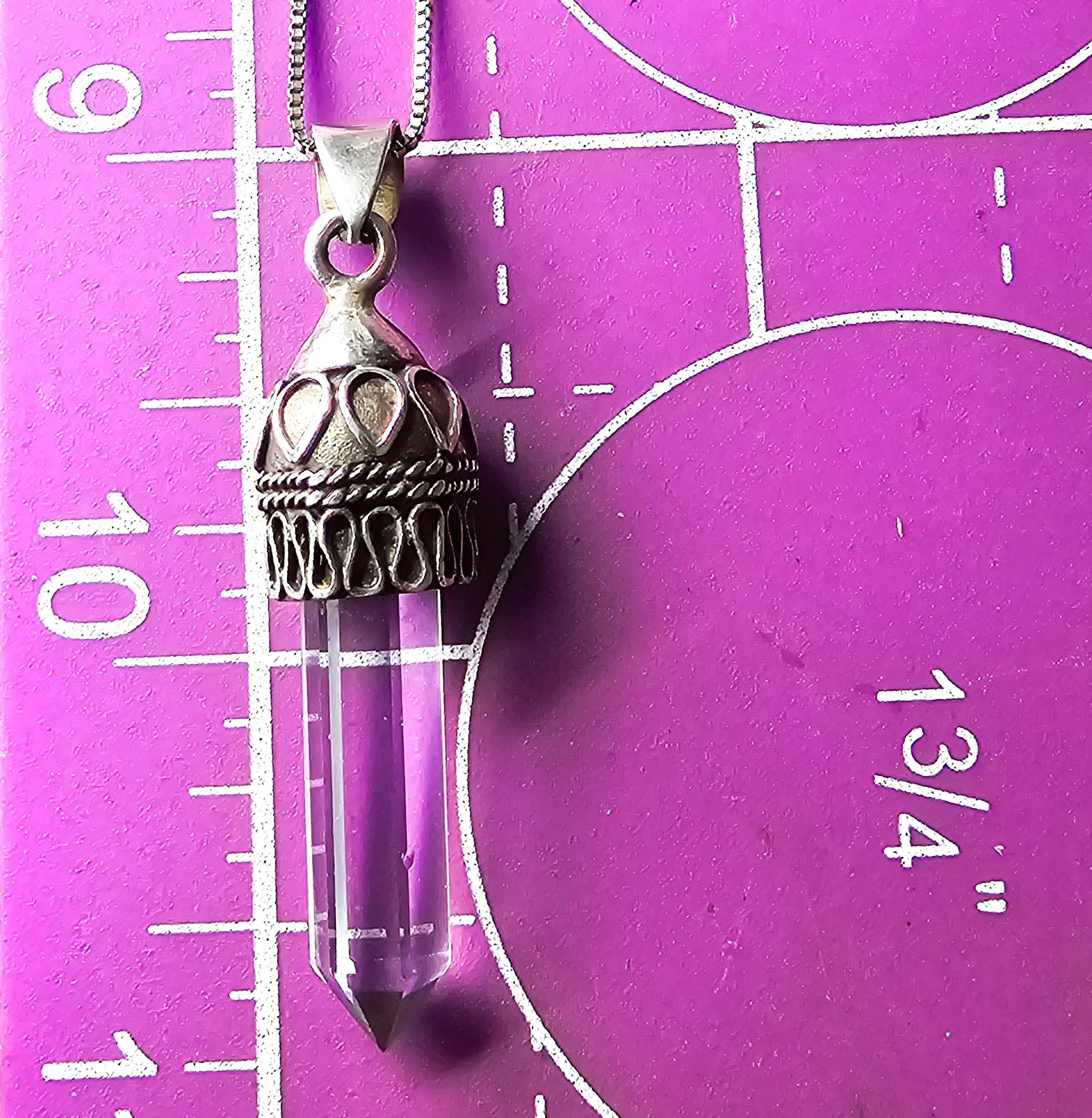 Terminated clear quartz JC Balinese Bali style sterling silver vintage pendant necklace