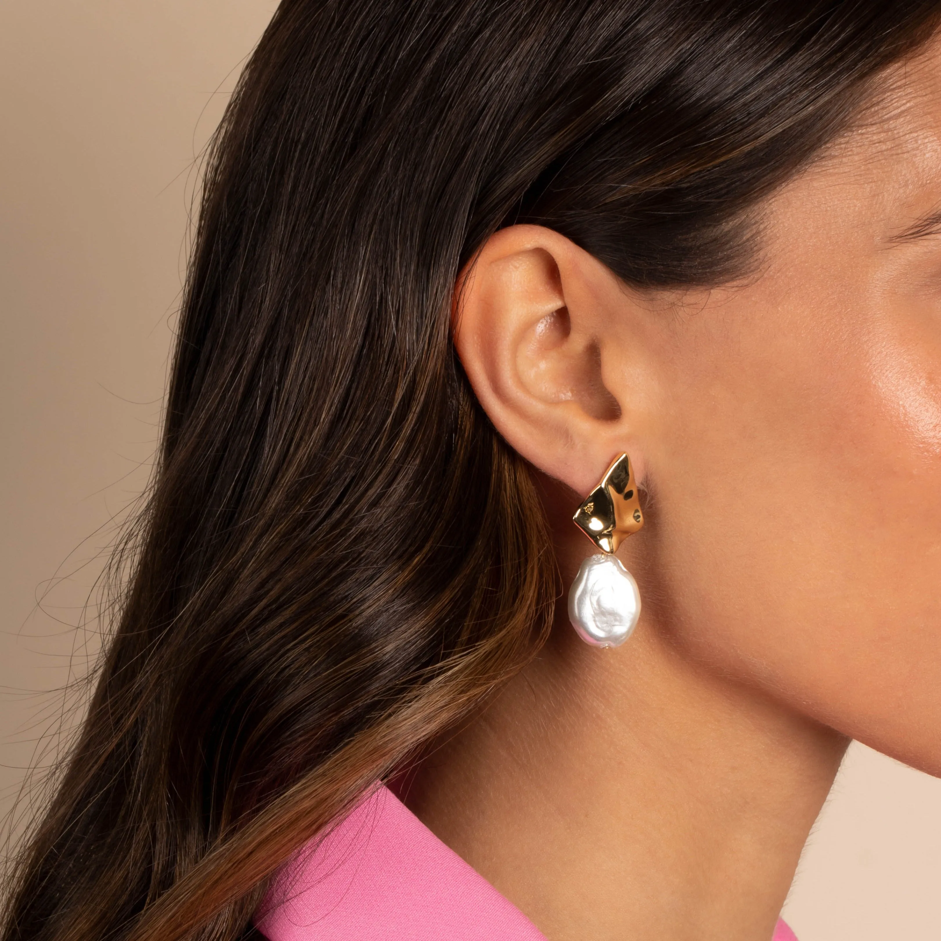 Textured Gold X Baroque Pearl Drop Stud Earring