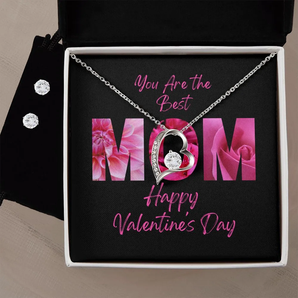 The Best Mom Valentine's Forever Heart Necklace & Cubic Zirconia Earring Set