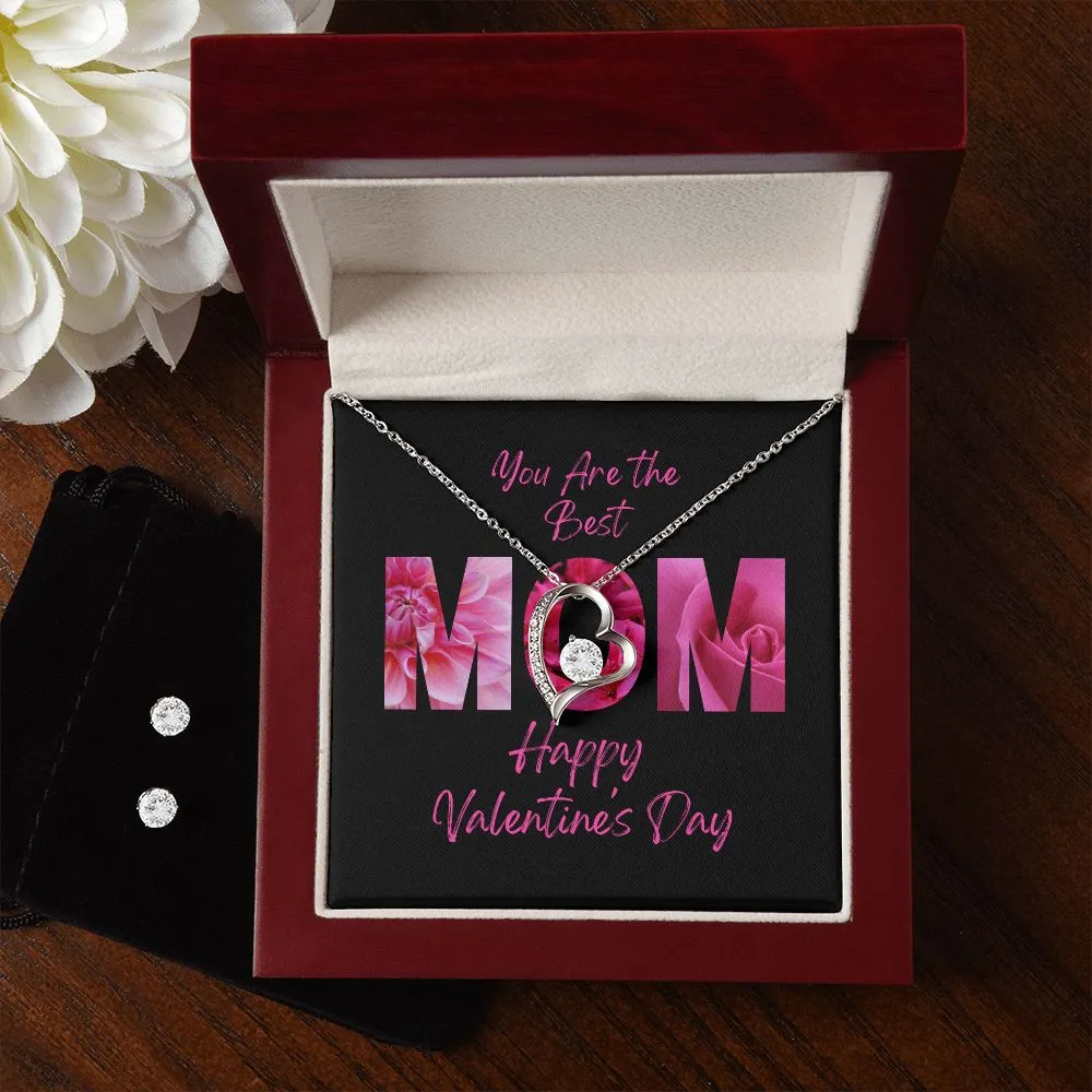 The Best Mom Valentine's Forever Heart Necklace & Cubic Zirconia Earring Set