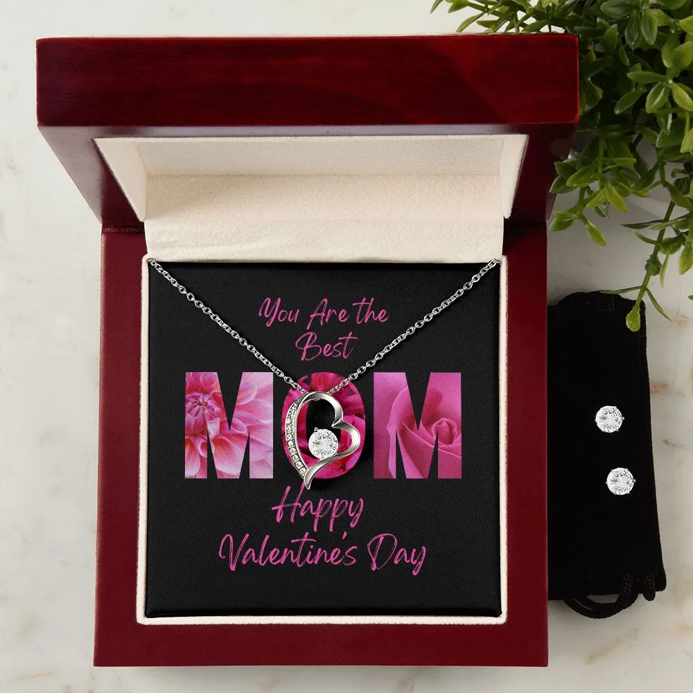 The Best Mom Valentine's Forever Heart Necklace & Cubic Zirconia Earring Set