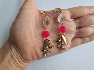 The Substance | Vintage rhinestone leaf herkimer pink quartz earrings