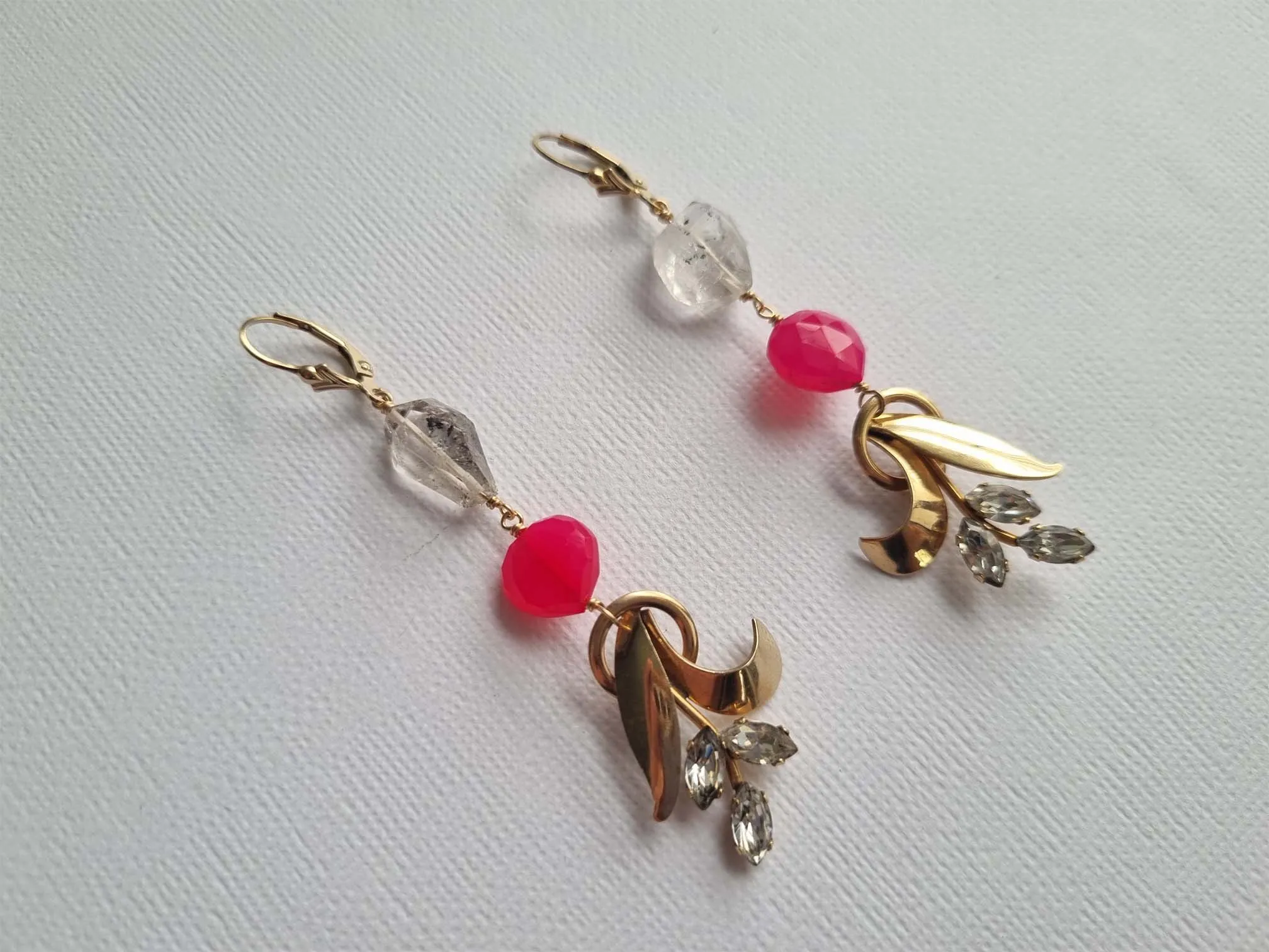 The Substance | Vintage rhinestone leaf herkimer pink quartz earrings