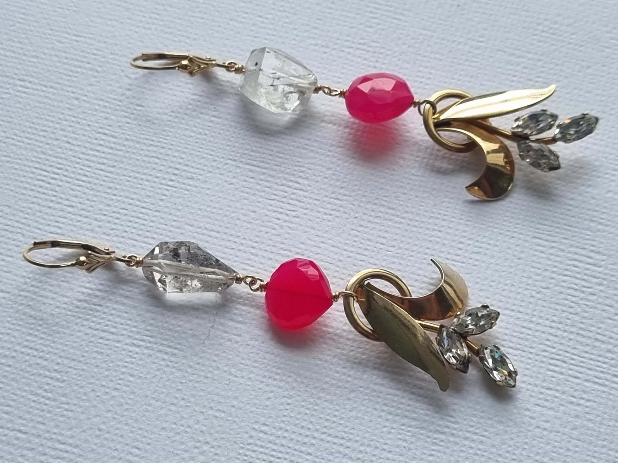 The Substance | Vintage rhinestone leaf herkimer pink quartz earrings