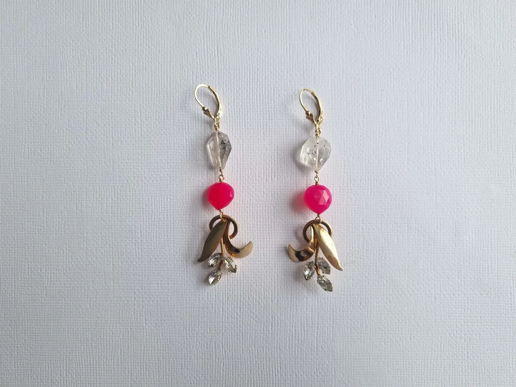 The Substance | Vintage rhinestone leaf herkimer pink quartz earrings