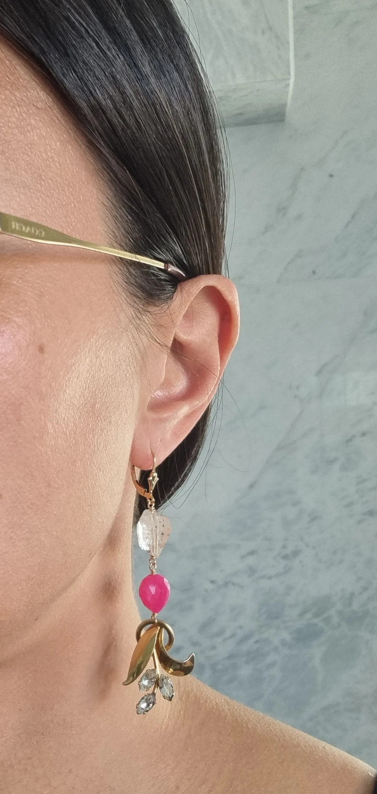 The Substance | Vintage rhinestone leaf herkimer pink quartz earrings