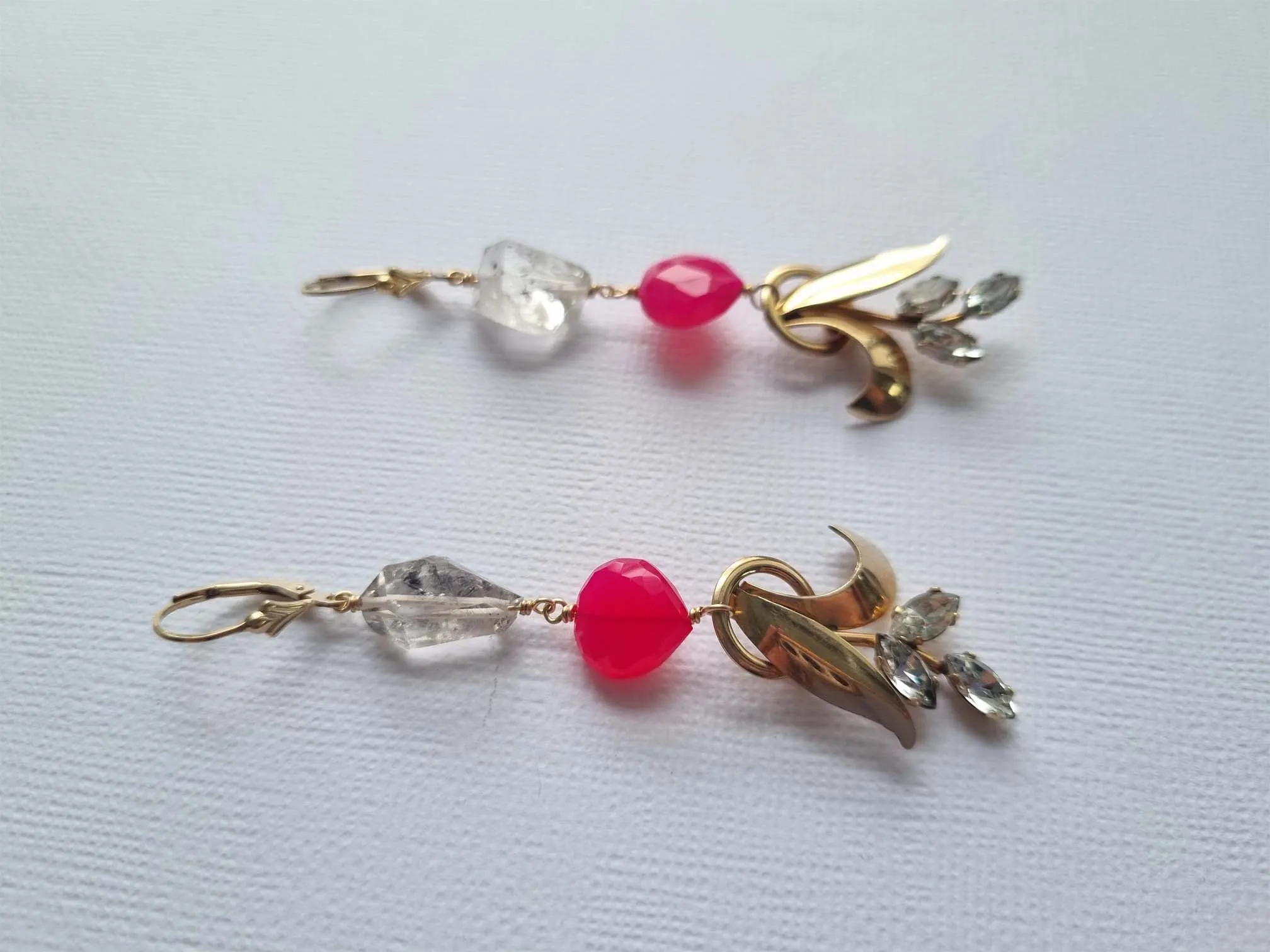 The Substance | Vintage rhinestone leaf herkimer pink quartz earrings