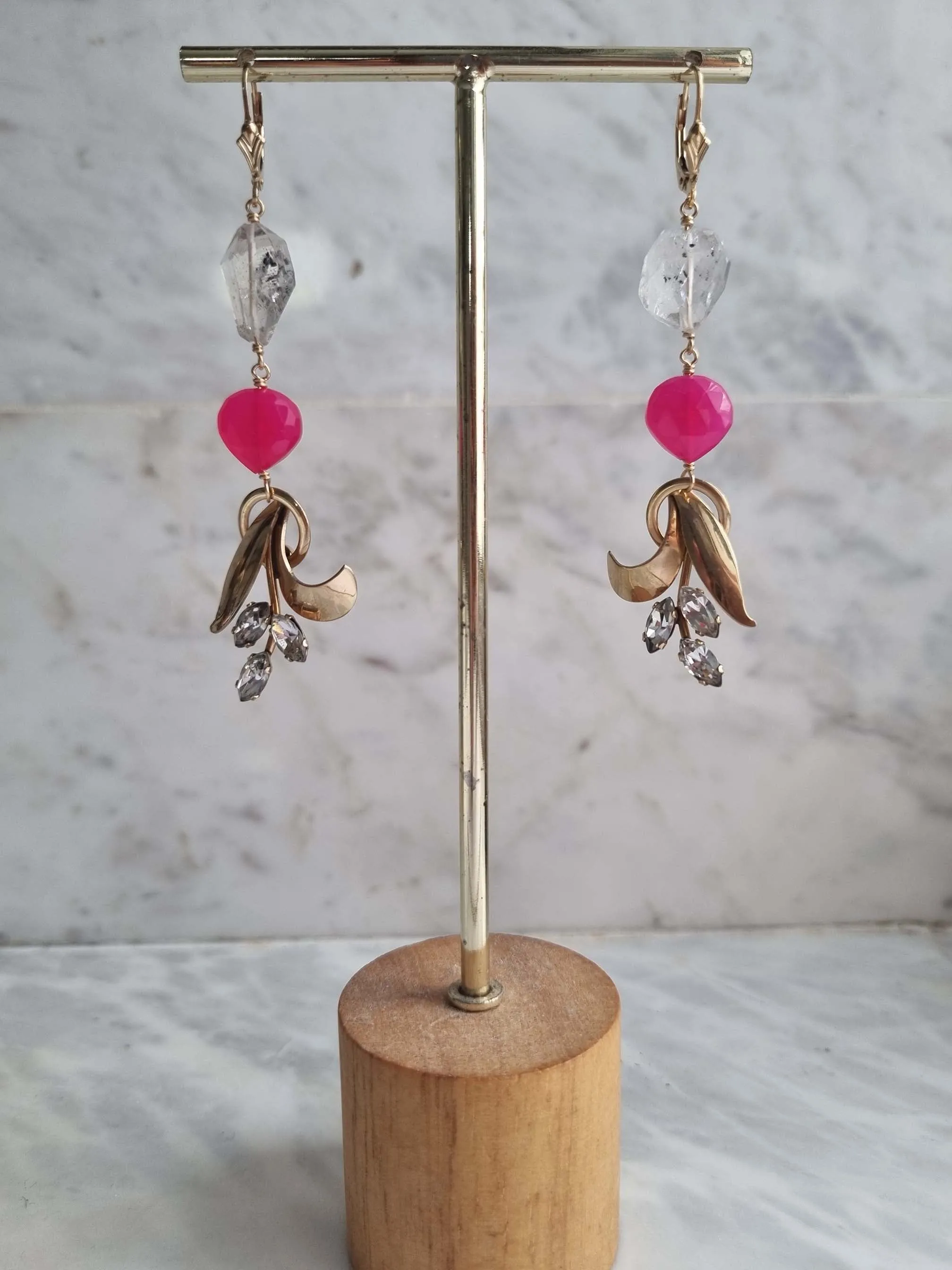 The Substance | Vintage rhinestone leaf herkimer pink quartz earrings