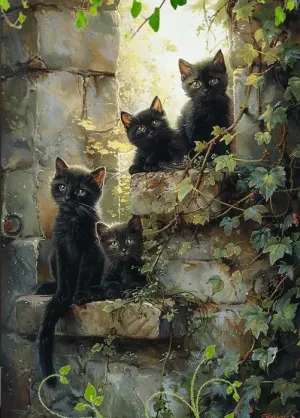 Three Black Kittens at Play - Hand Crafted One of A Kind - Digital Download Art Poster, Canvas Print, Wall Art, Cottage Core, DIY Gift
