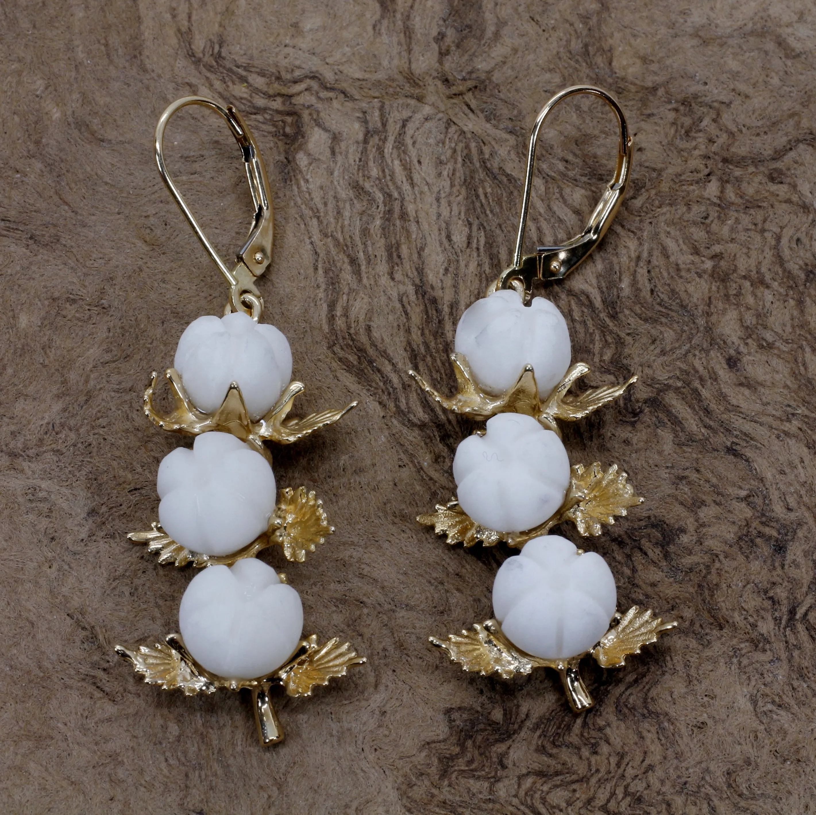 Three Boll Cotton Dangle Earrings with Handmade white cotton boll stones C161