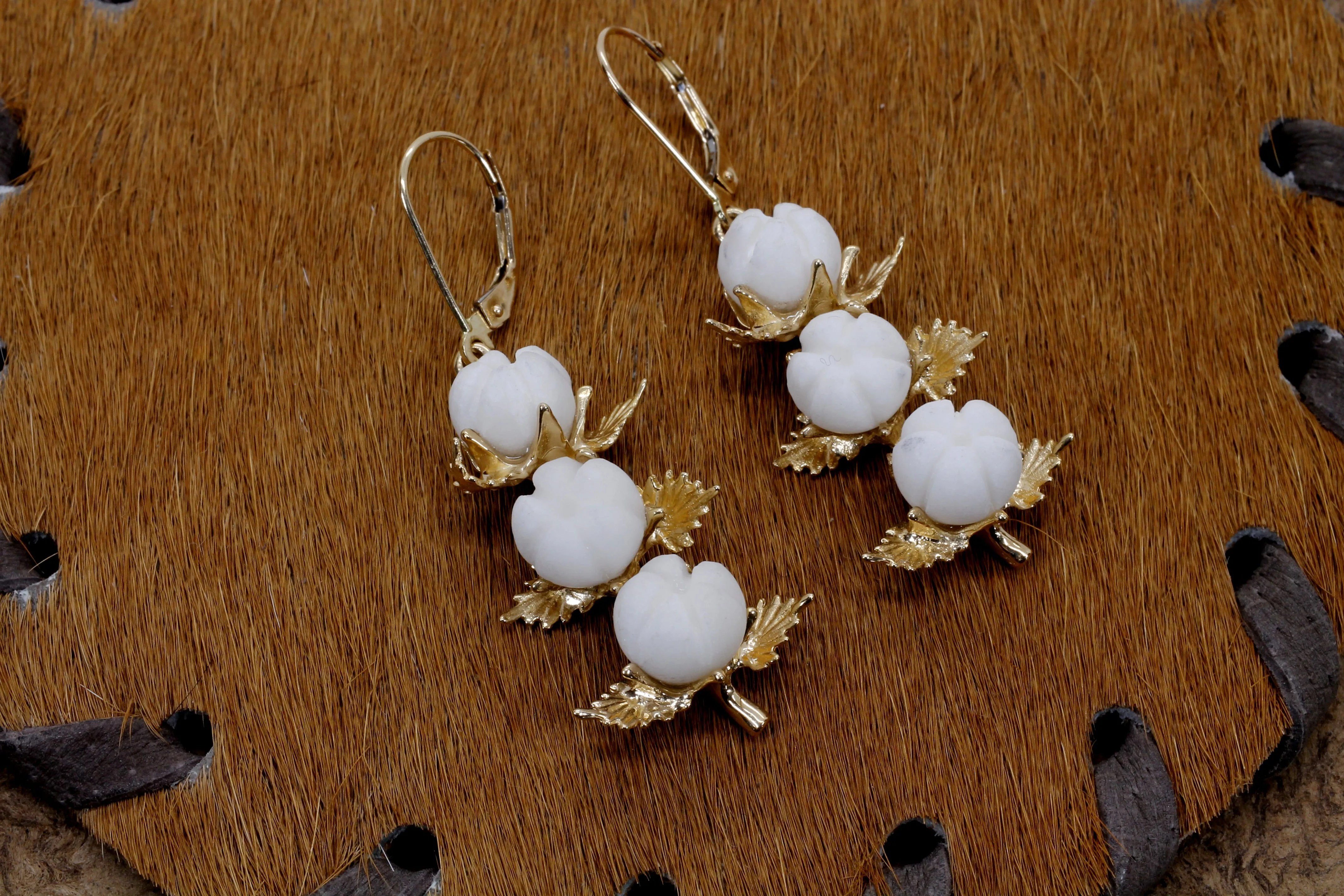 Three Boll Cotton Dangle Earrings with Handmade white cotton boll stones C161