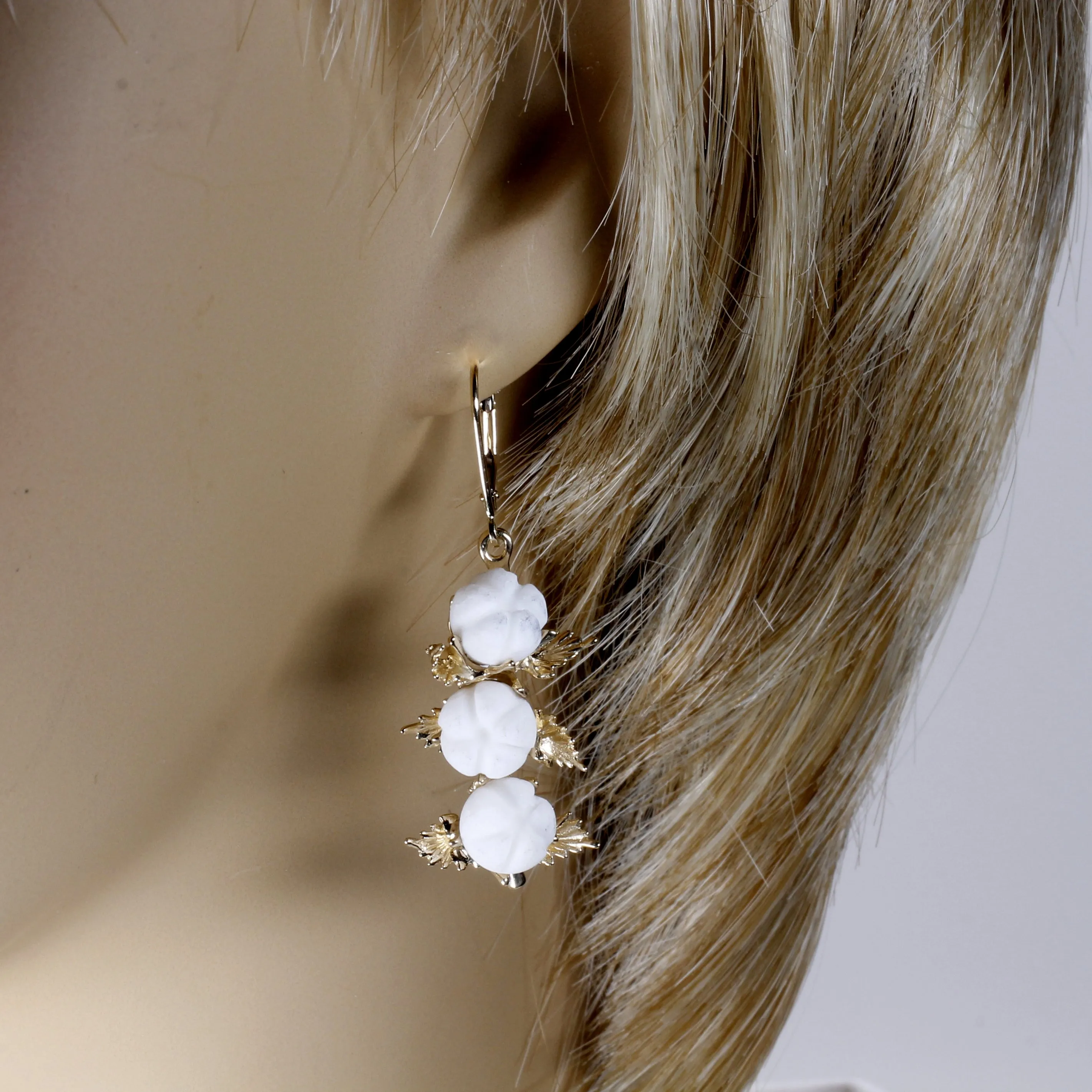Three Boll Cotton Dangle Earrings with Handmade white cotton boll stones C161