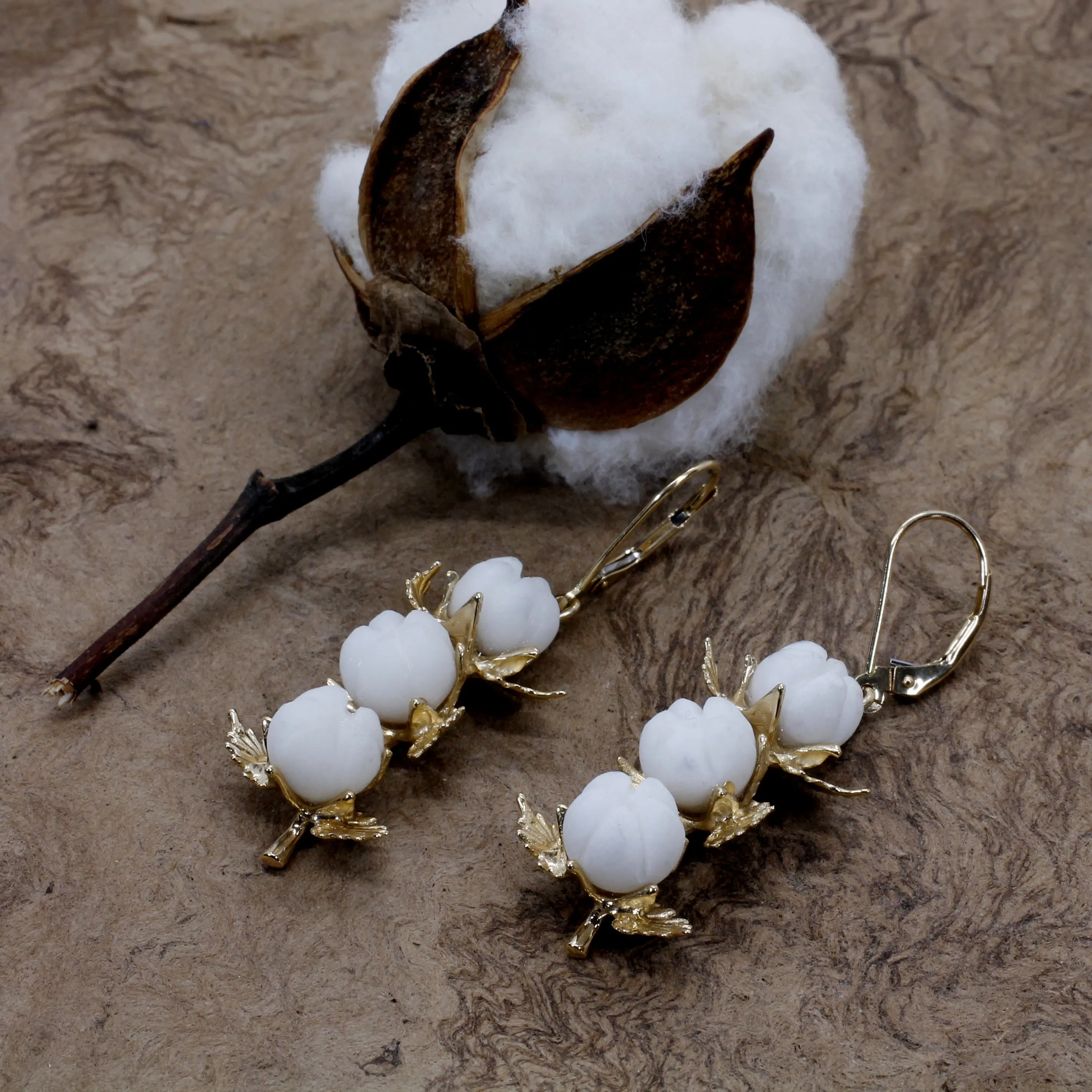 Three Boll Cotton Dangle Earrings with Handmade white cotton boll stones C161