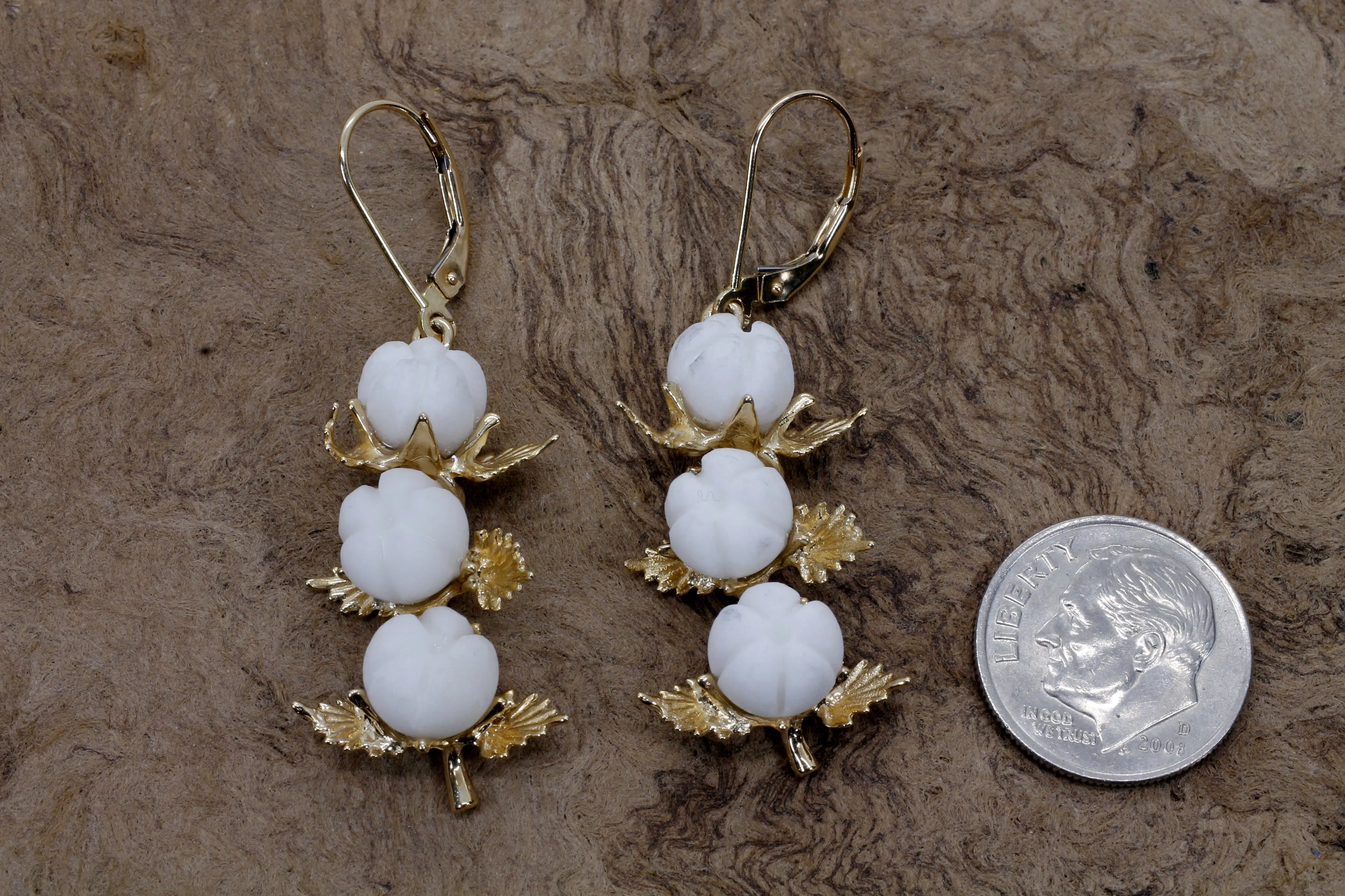 Three Boll Cotton Dangle Earrings with Handmade white cotton boll stones C161