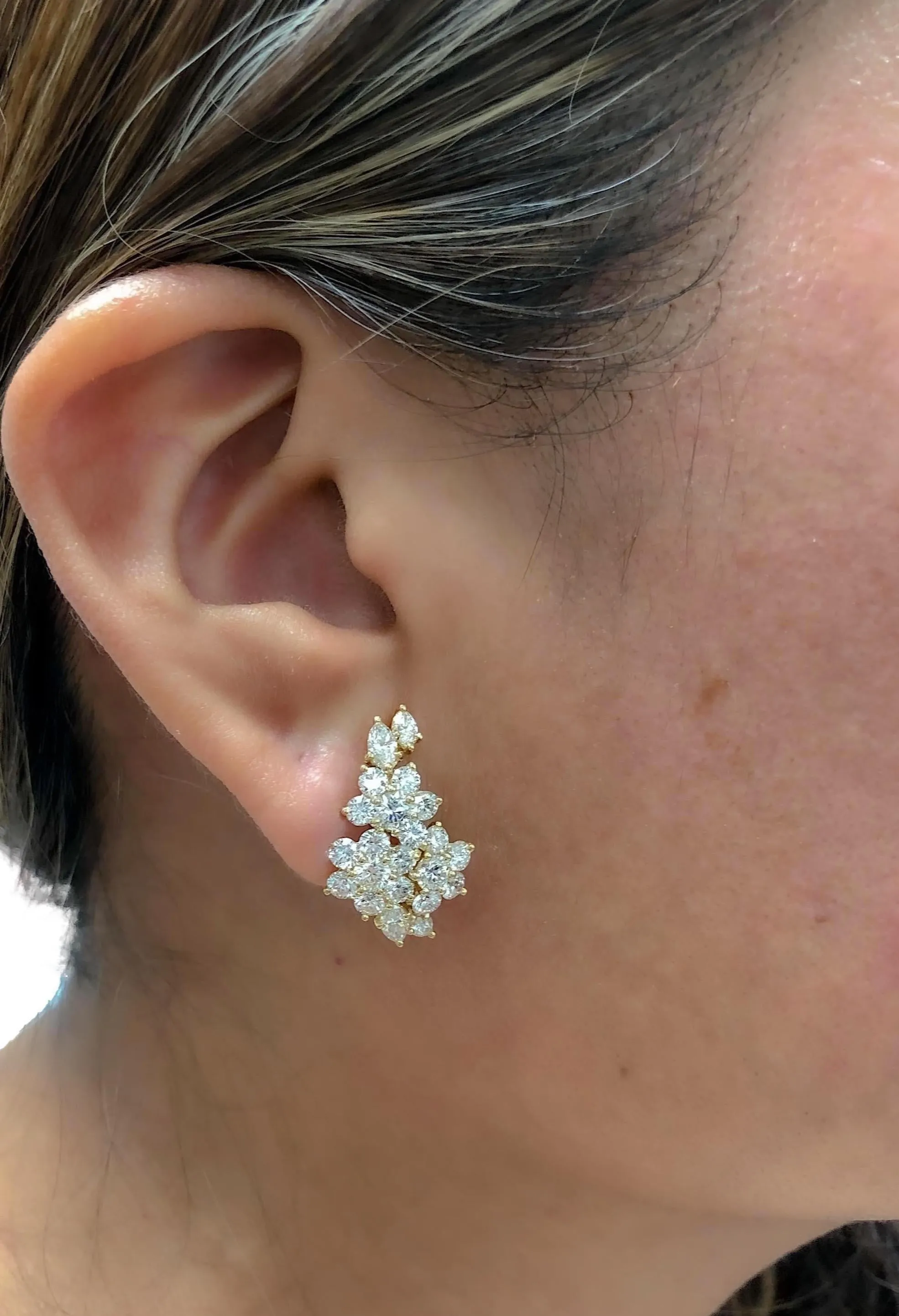 Tiffany & Co. 18K Yellow Gold Flower Round Diamond 5.13ct Cluster Clip Earrings