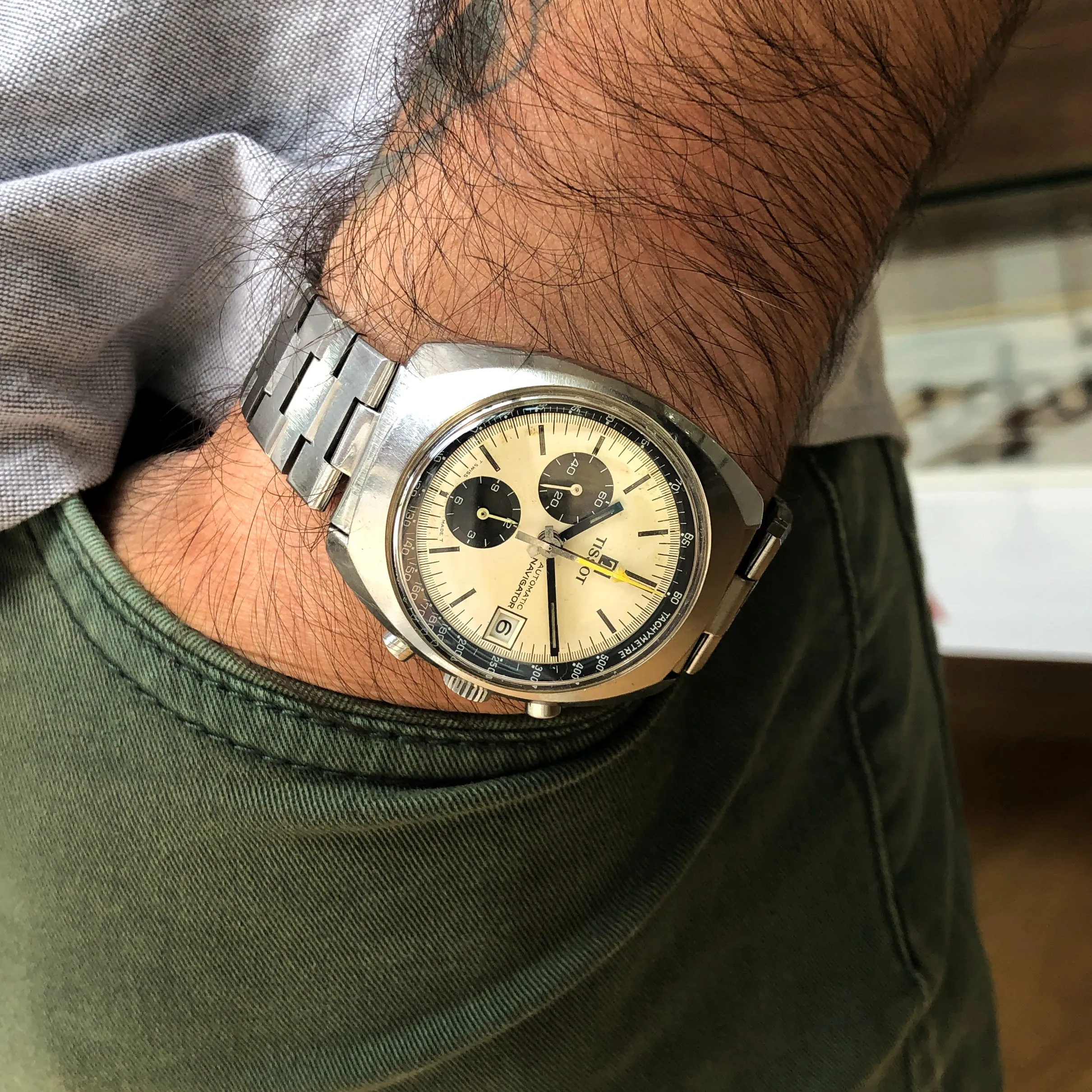 Tissot Navigator 45501 White Panda Automatic Chronograph c. 1974 Steel 39 mm