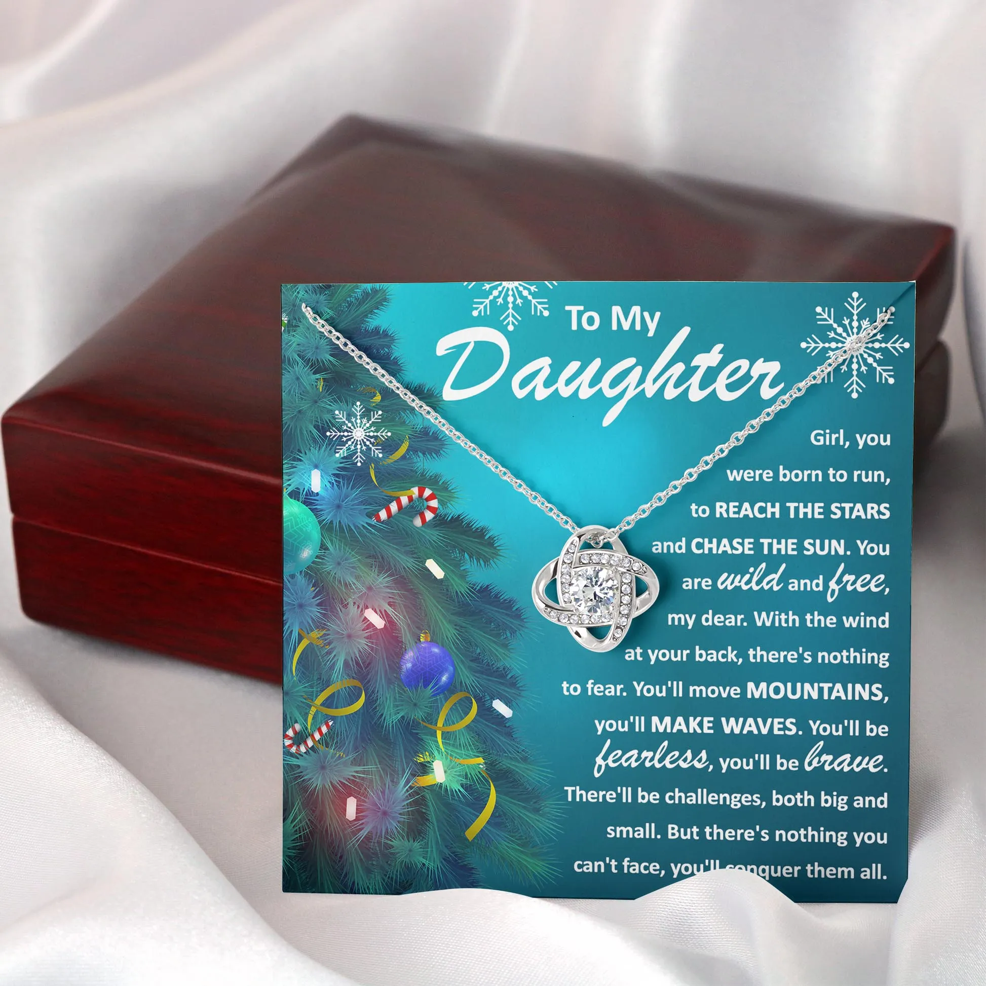 To My Daughter Born To Run Fearless And Brave Necklace, Christmas Themed Love Knot Necklace