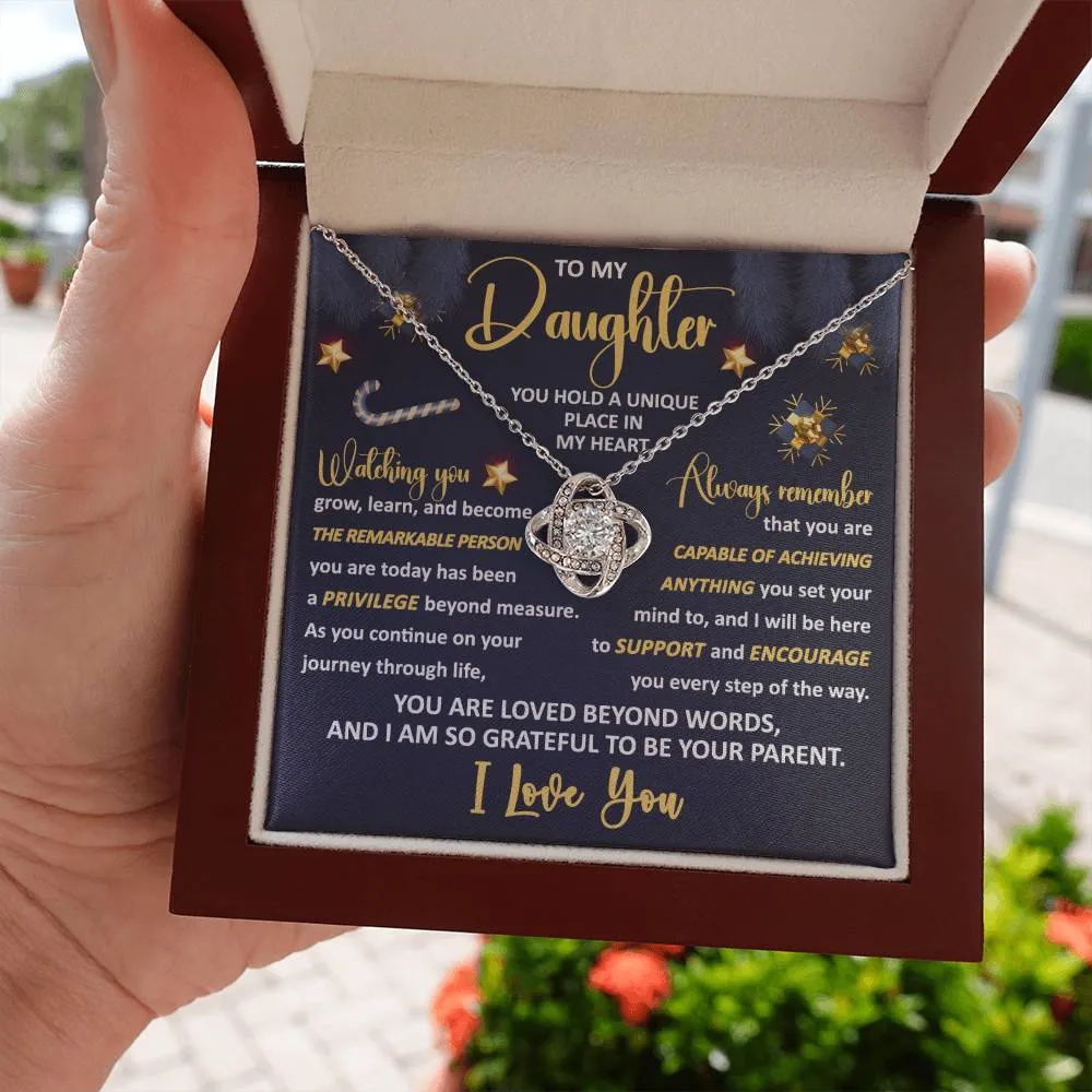 To My Daughter You Hold A Unique Place In My Heart Love Knot Necklace, Christmas Themed Gift