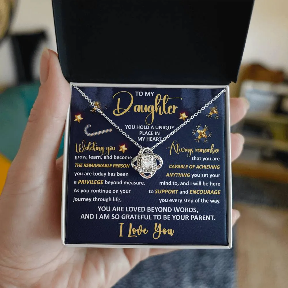 To My Daughter You Hold A Unique Place In My Heart Love Knot Necklace, Christmas Themed Gift