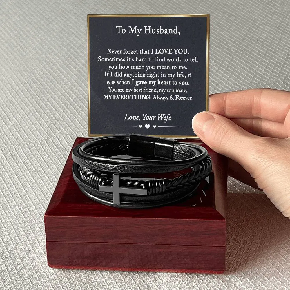 To My Husband Cross Leather Bracelet, Anniversary Gift for Husband, Husband Birthday Gift, Gift for Husband